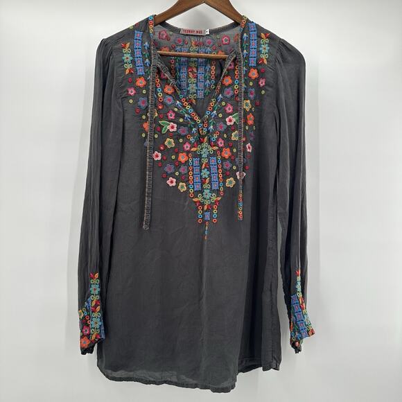 Johnny Was Top Tunic Womens Small Gray Floral Embroidered Boho Cupra Cottage - Picture 1 of 12